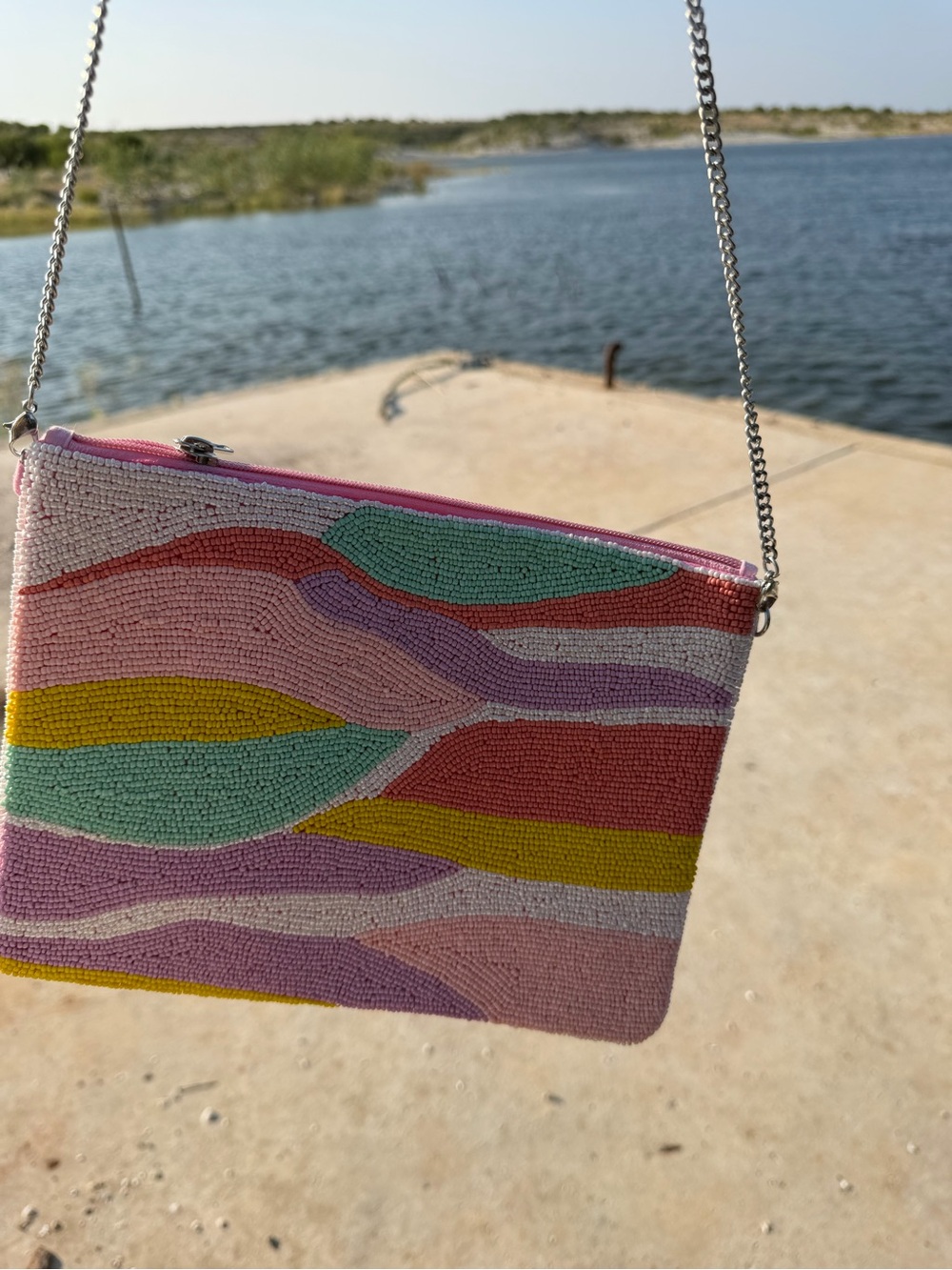 Pastel Waves Hand Beaded Clutch Crossbody Bag Pink Multi